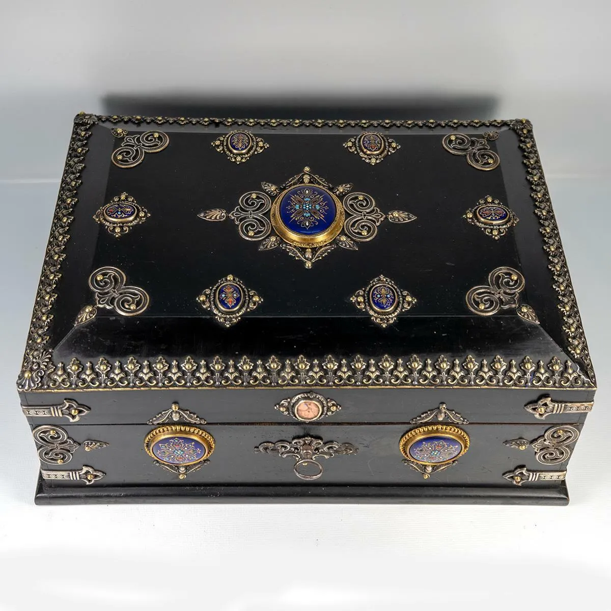 RARE 13.5" Antique French Table, Jewelry Box, Gem-Set Kiln-fired Enamel Plaques