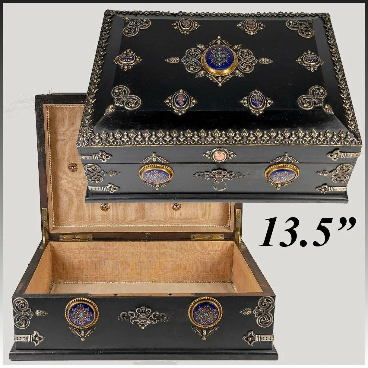 RARE 13.5" Antique French Table, Jewelry Box, Gem-Set Kiln-fired Enamel Plaques