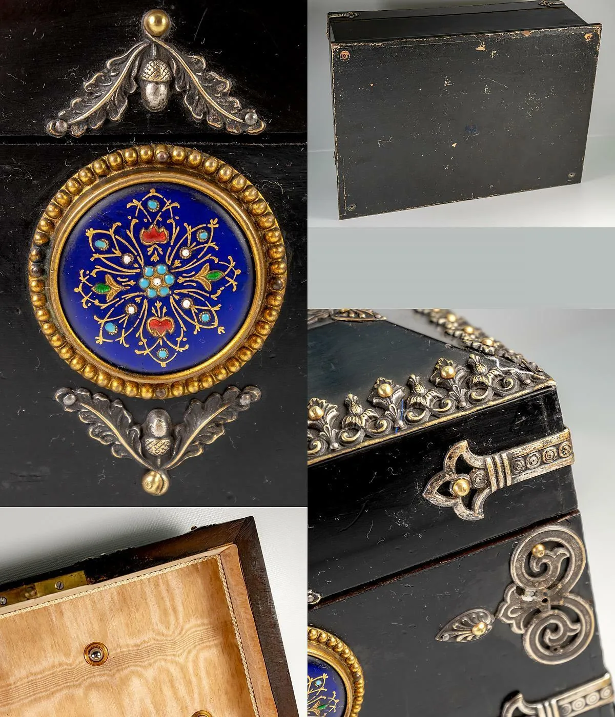 RARE 13.5" Antique French Table, Jewelry Box, Gem-Set Kiln-fired Enamel Plaques