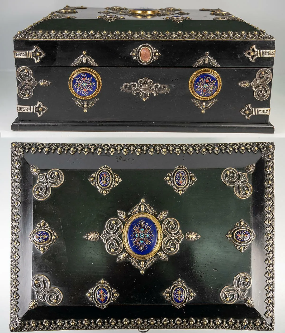 RARE 13.5" Antique French Table, Jewelry Box, Gem-Set Kiln-fired Enamel Plaques