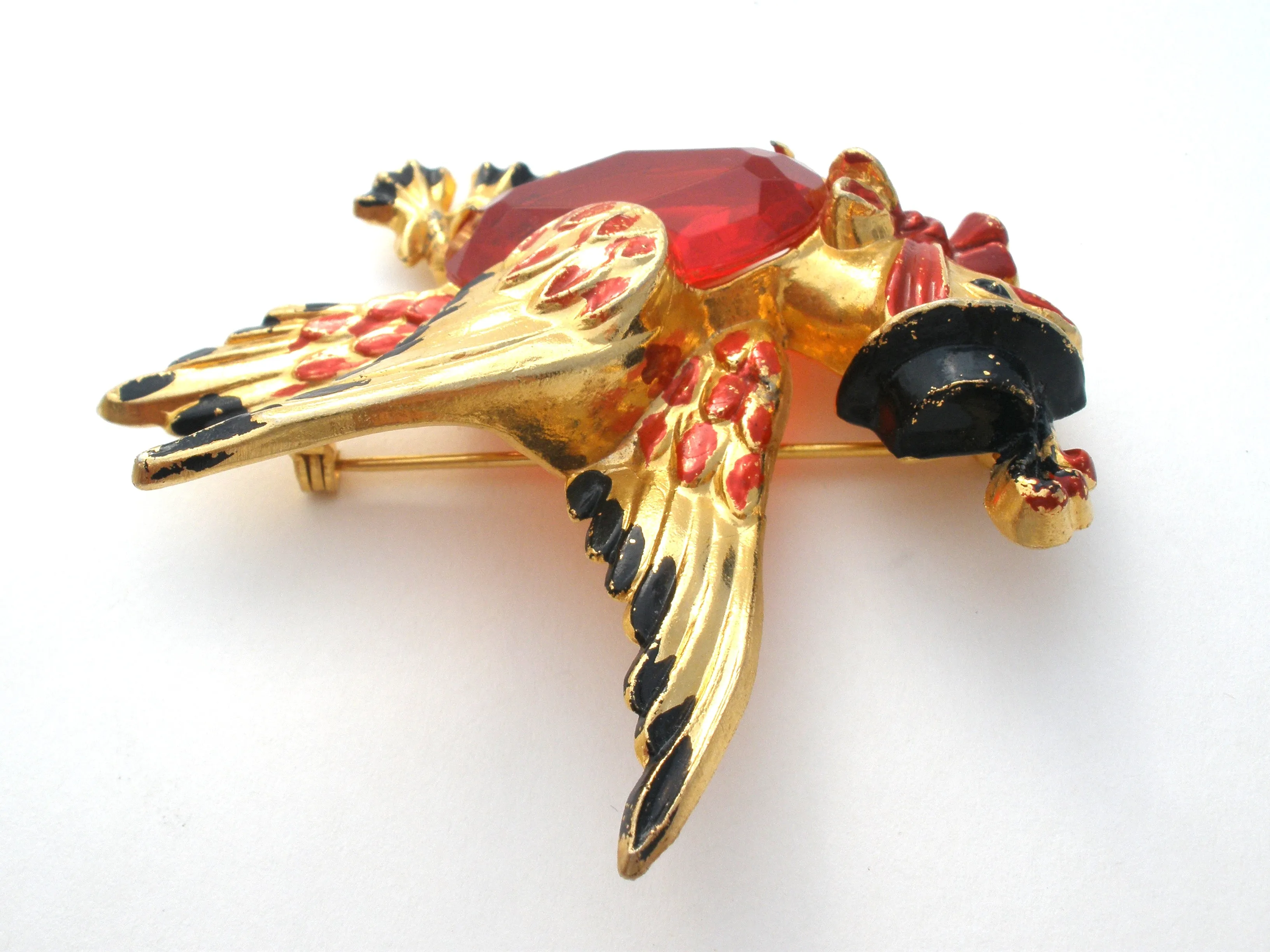 Red Jelly Belly Bird With Hat Brooch Pin Vintage