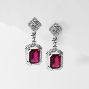 Red Ruby Dangling Gemstones Diamond Earrings 14kt