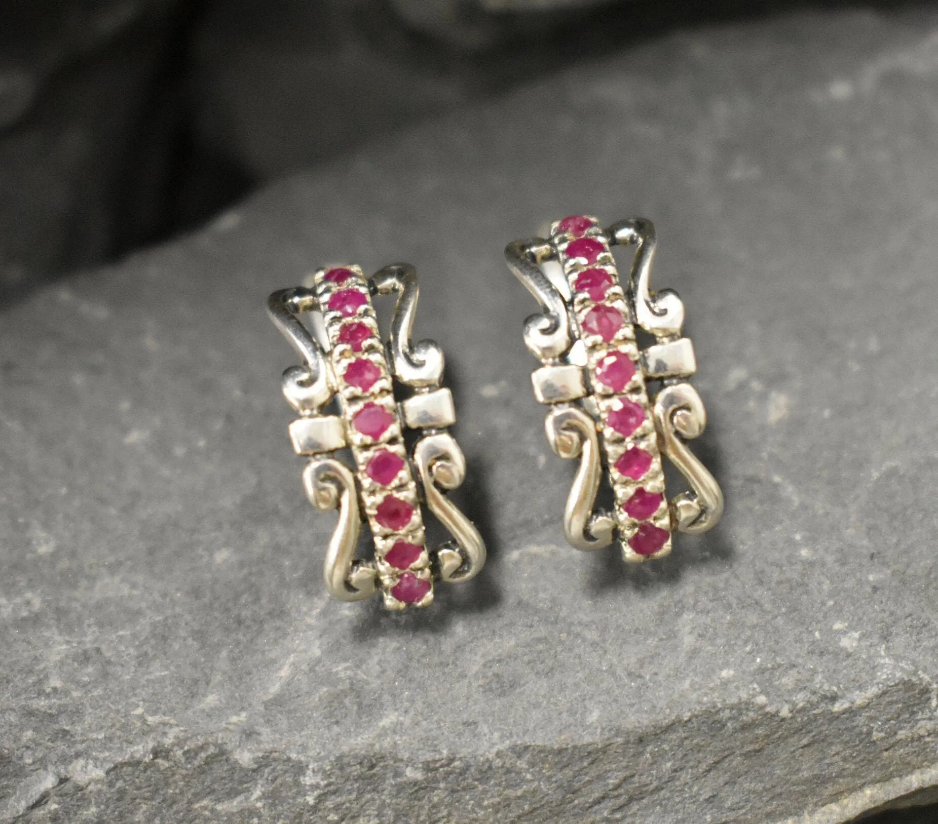 Red Tiara Earrings - Natural Ruby Earrings, Silver Crown Earrings