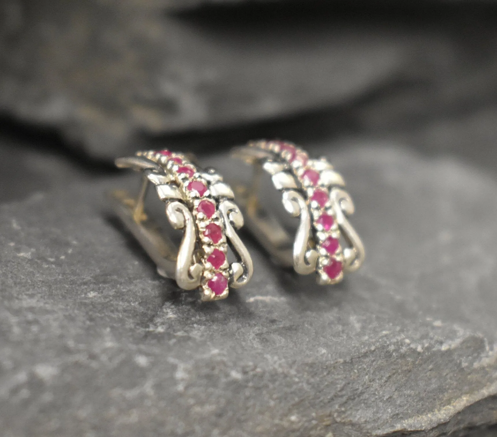 Red Tiara Earrings - Natural Ruby Earrings, Silver Crown Earrings