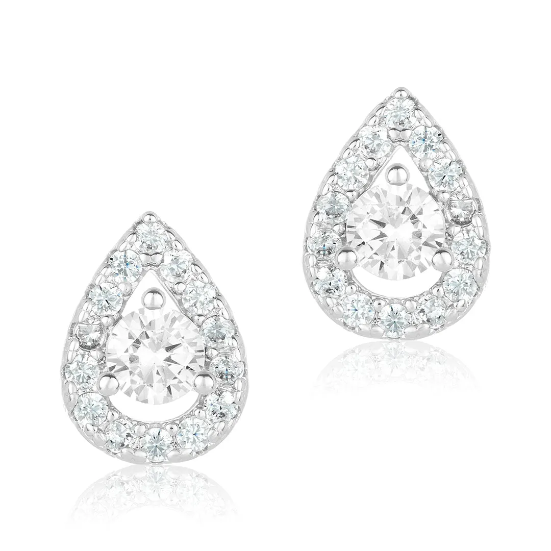 Rhodium Plated Pear Cut Halo Crystal Stud Earrings