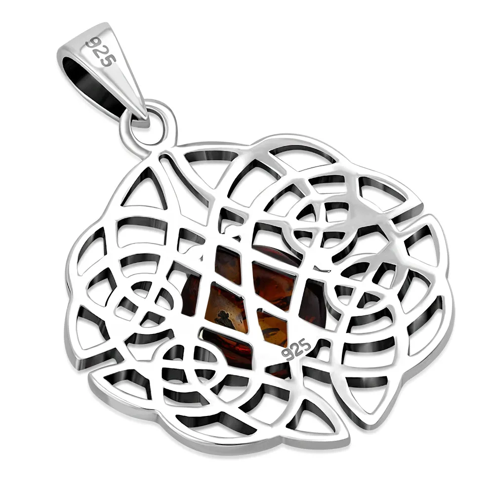 Round Celtic Knot Silver Pendant set w/ Amber