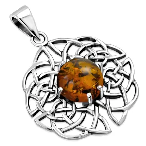 Round Celtic Knot Silver Pendant set w/ Amber