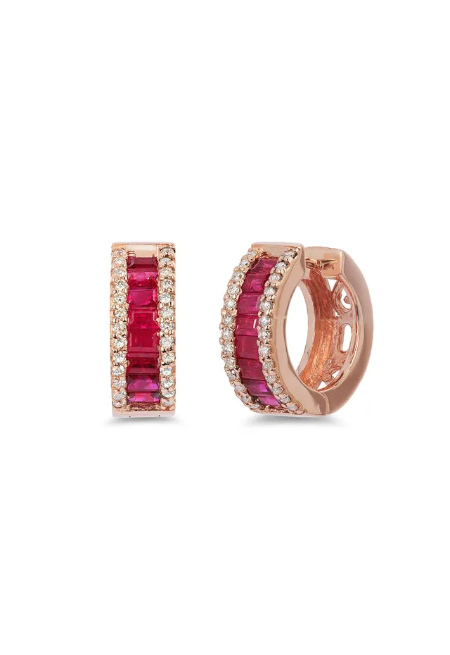 Ruby Royale 14K Rose Gold Baguette Cut Ruby Hoop Earrings, 1.90 TCW