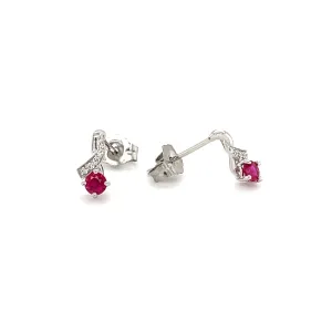 Ruby Stud Earrings with Four Round Diamonds in 14K White Gold