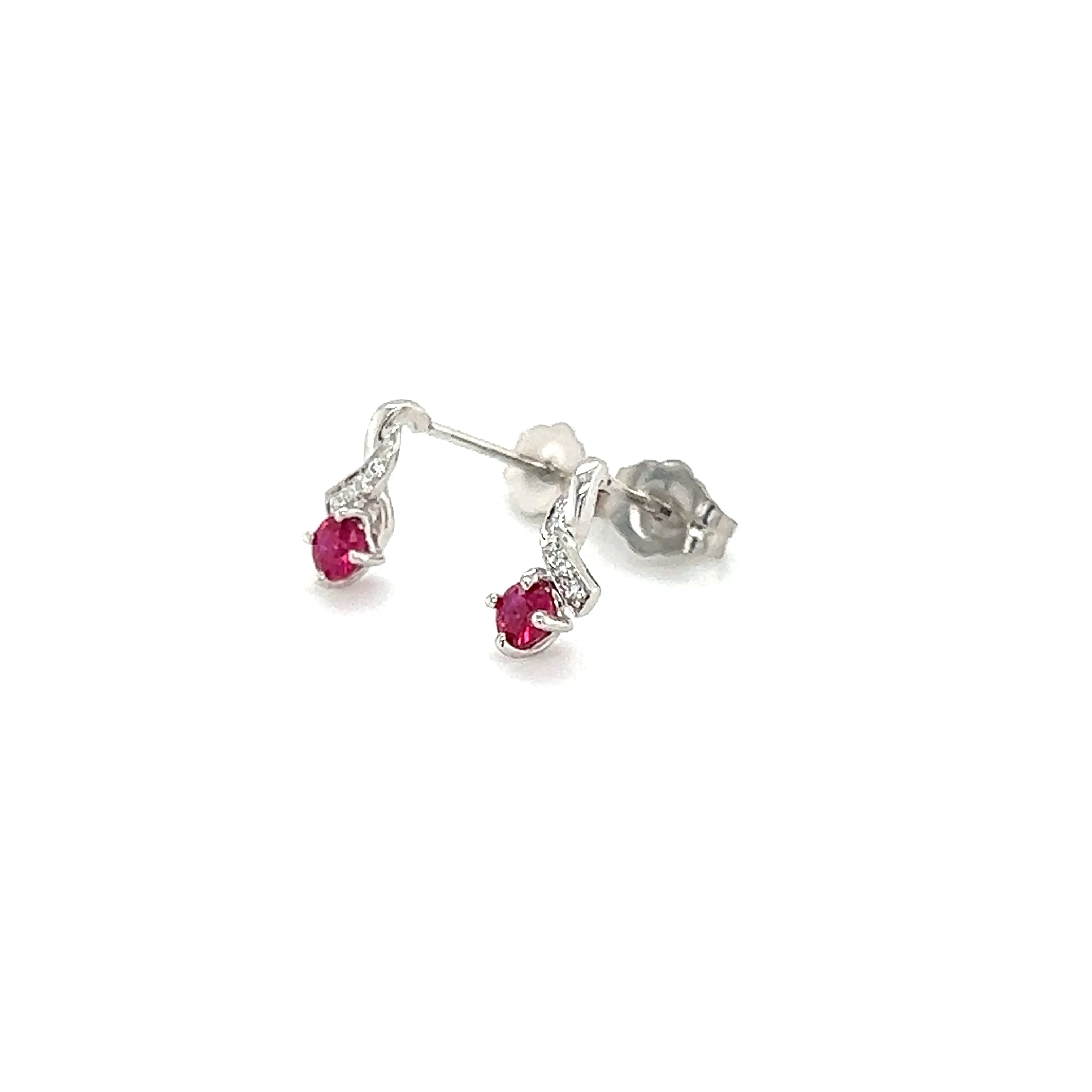 Ruby Stud Earrings with Four Round Diamonds in 14K White Gold