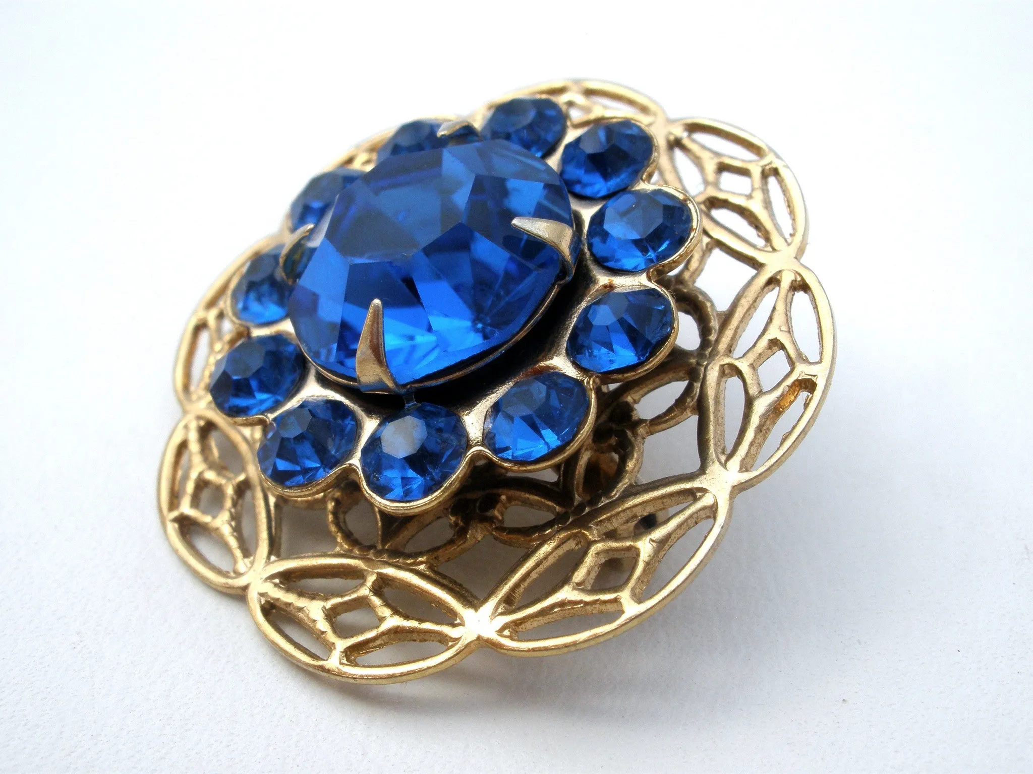 Sapphire Blue Rhinestone Brooch Pin Vintage