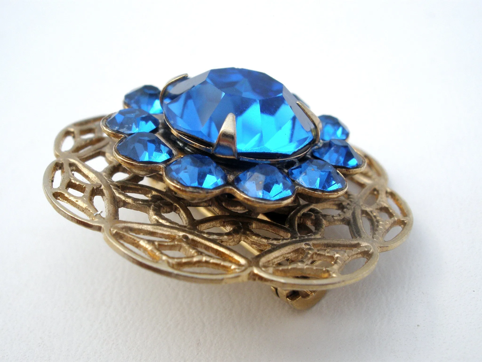 Sapphire Blue Rhinestone Brooch Pin Vintage