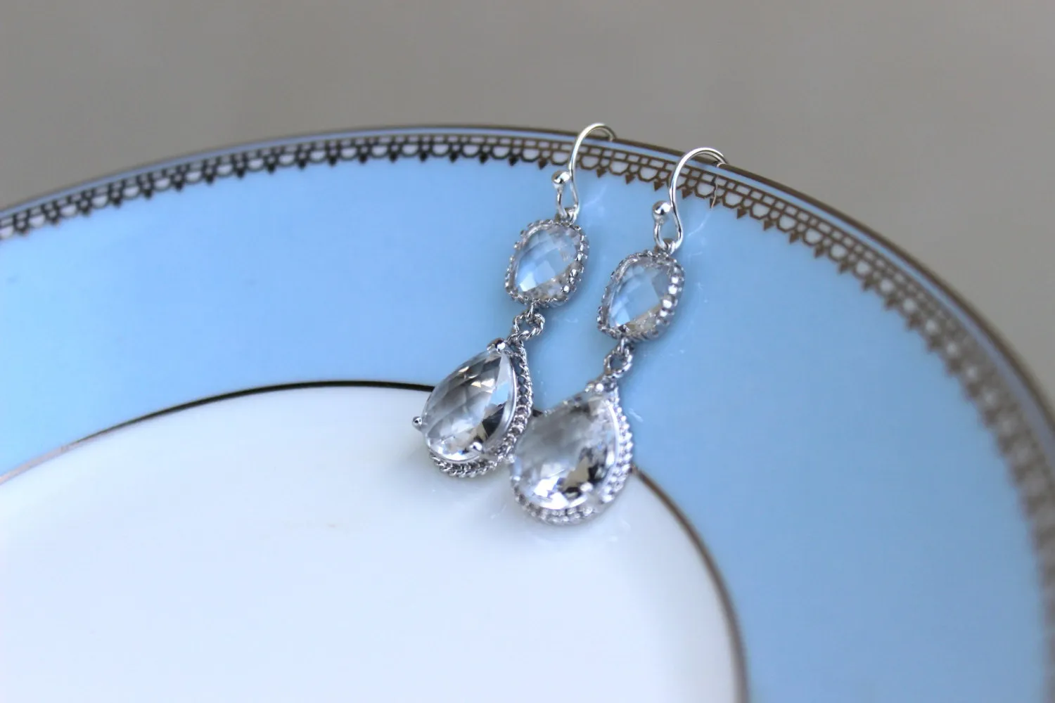 Silver Clear Earrings Crystal - Two Tier Teardrop Earrings - Bridesmaid Earrings - Bridal Earrings - Bridesmaid Jewelry - Wedding Earrings