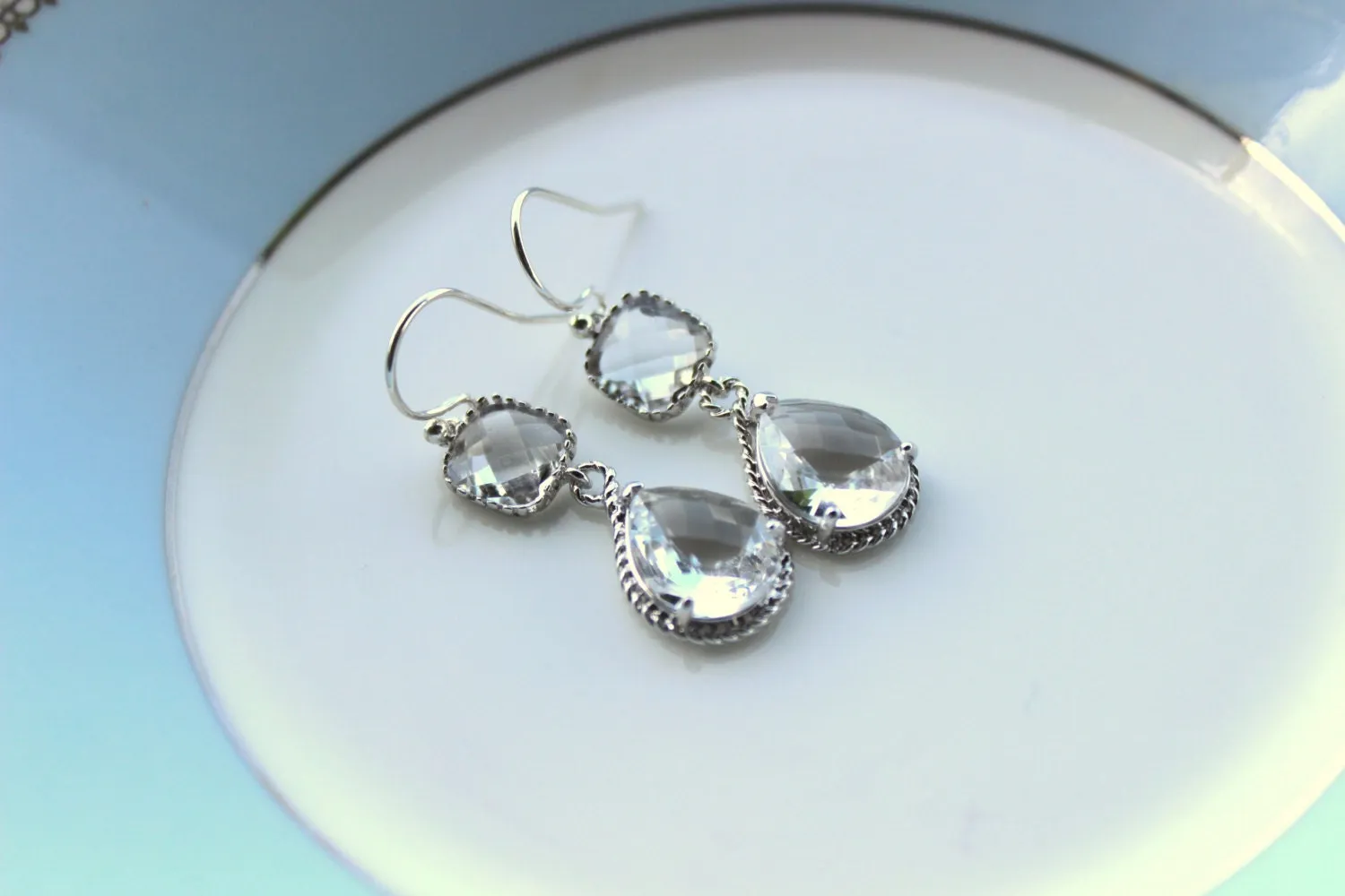 Silver Clear Earrings Crystal - Two Tier Teardrop Earrings - Bridesmaid Earrings - Bridal Earrings - Bridesmaid Jewelry - Wedding Earrings