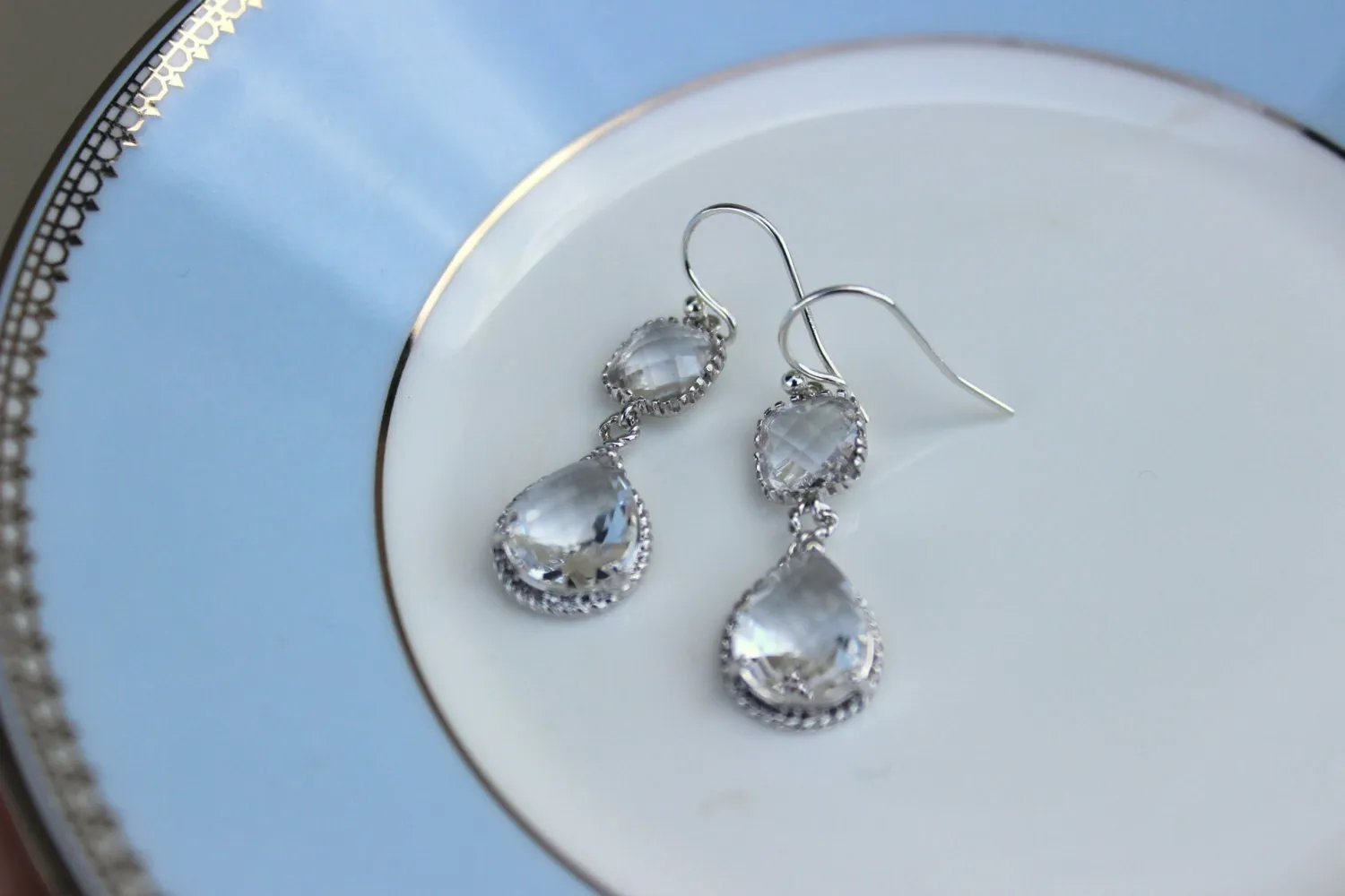 Silver Clear Earrings Crystal - Two Tier Teardrop Earrings - Bridesmaid Earrings - Bridal Earrings - Bridesmaid Jewelry - Wedding Earrings