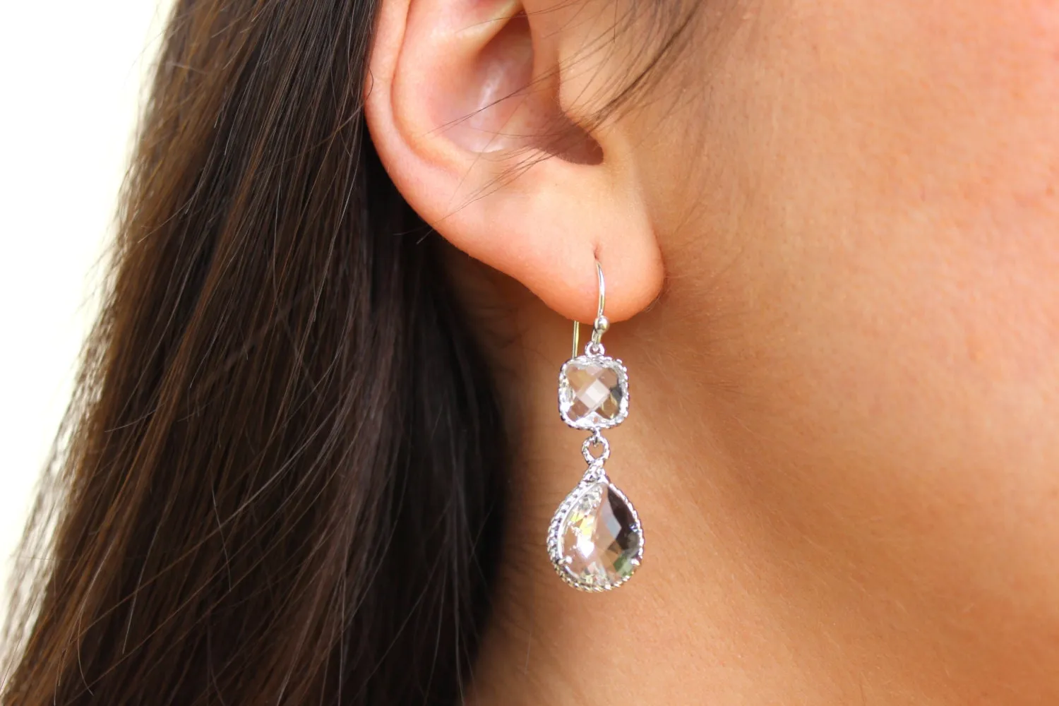 Silver Clear Earrings Crystal - Two Tier Teardrop Earrings - Bridesmaid Earrings - Bridal Earrings - Bridesmaid Jewelry - Wedding Earrings