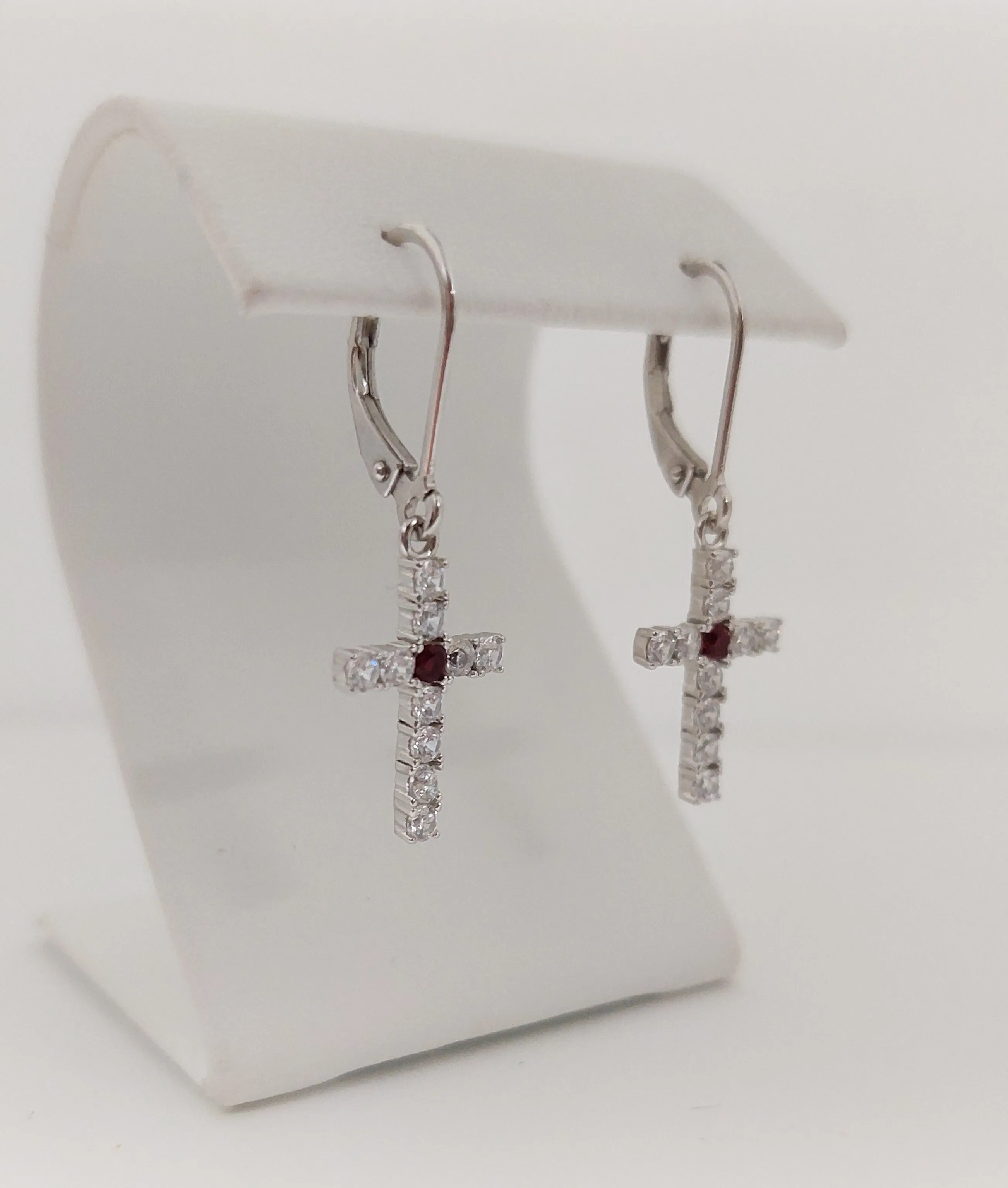 Silver Simulated Ruby/Diamond Cross Earrings