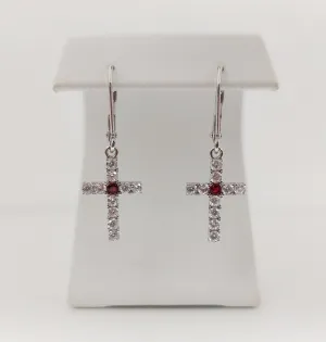 Silver Simulated Ruby/Diamond Cross Earrings