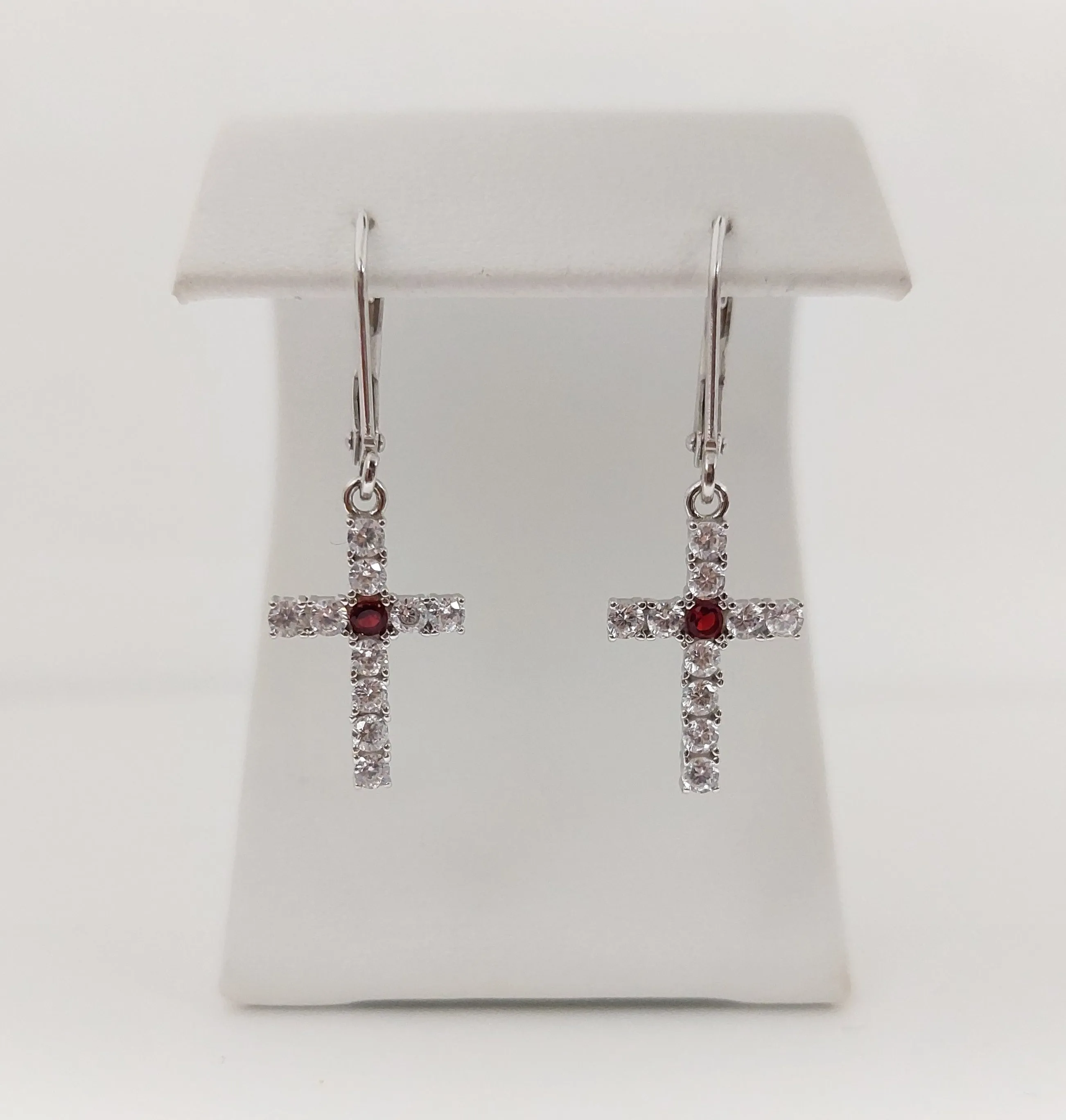 Silver Simulated Ruby/Diamond Cross Earrings