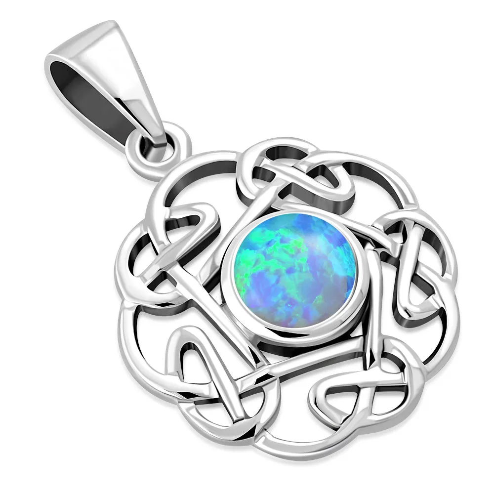 Small Synthetic Azure Blue Opal Round Celtic Knot Silver Pendant