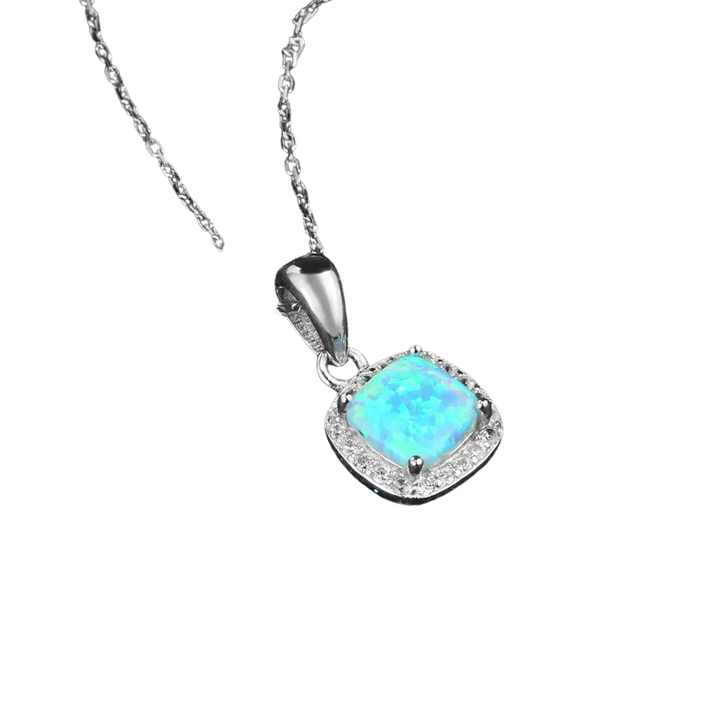 Square White Blue Opal Stone Necklace