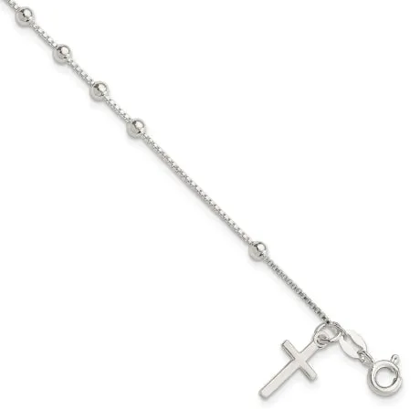 Sterling Silver Polished Beaded Cross 7.25in Bracelet