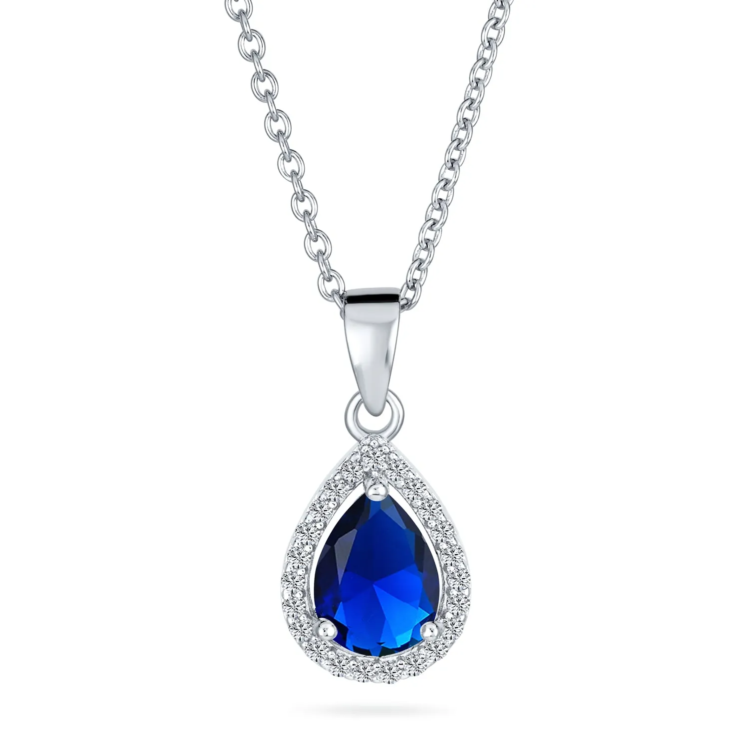 Sterling Silver Victorian Bridal Necklace with Blue Solitaire CZ Teardrop Pendant