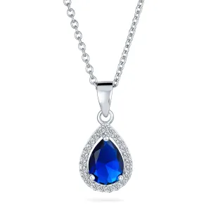 Sterling Silver Victorian Bridal Necklace with Blue Solitaire CZ Teardrop Pendant