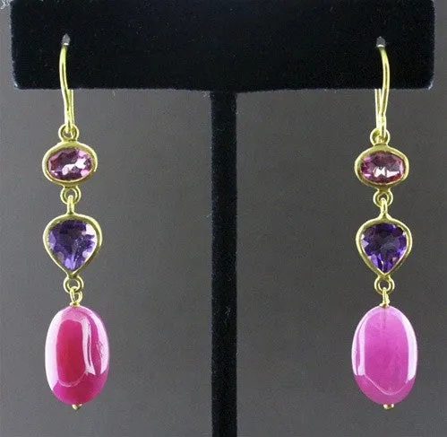 Susan Gordon Ruby, Pink Tourmaline and Amethyst Earrings 22k Yellow Gold