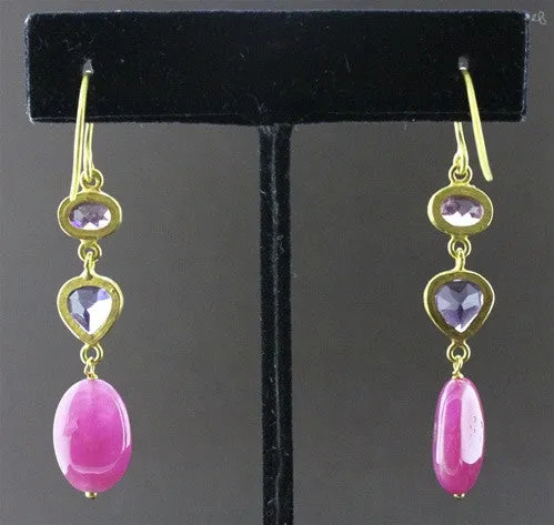 Susan Gordon Ruby, Pink Tourmaline and Amethyst Earrings 22k Yellow Gold