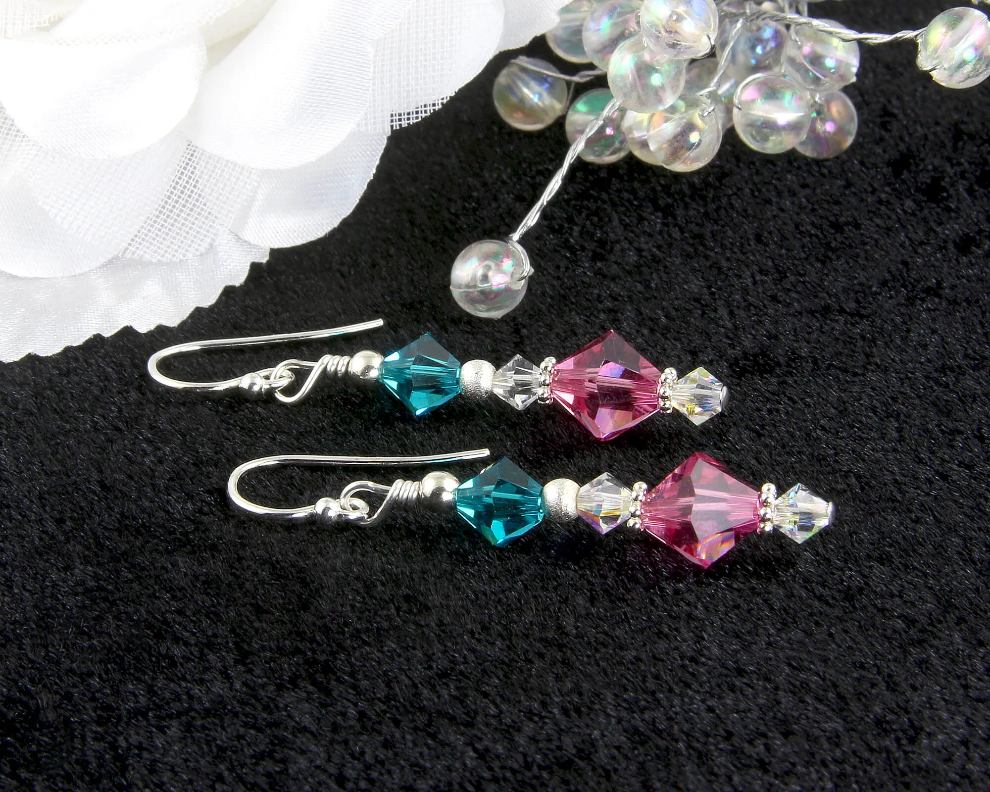 Teal Rose Pink Crystal Beaded Earrings