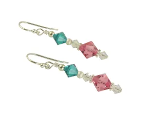 Teal Rose Pink Crystal Beaded Earrings