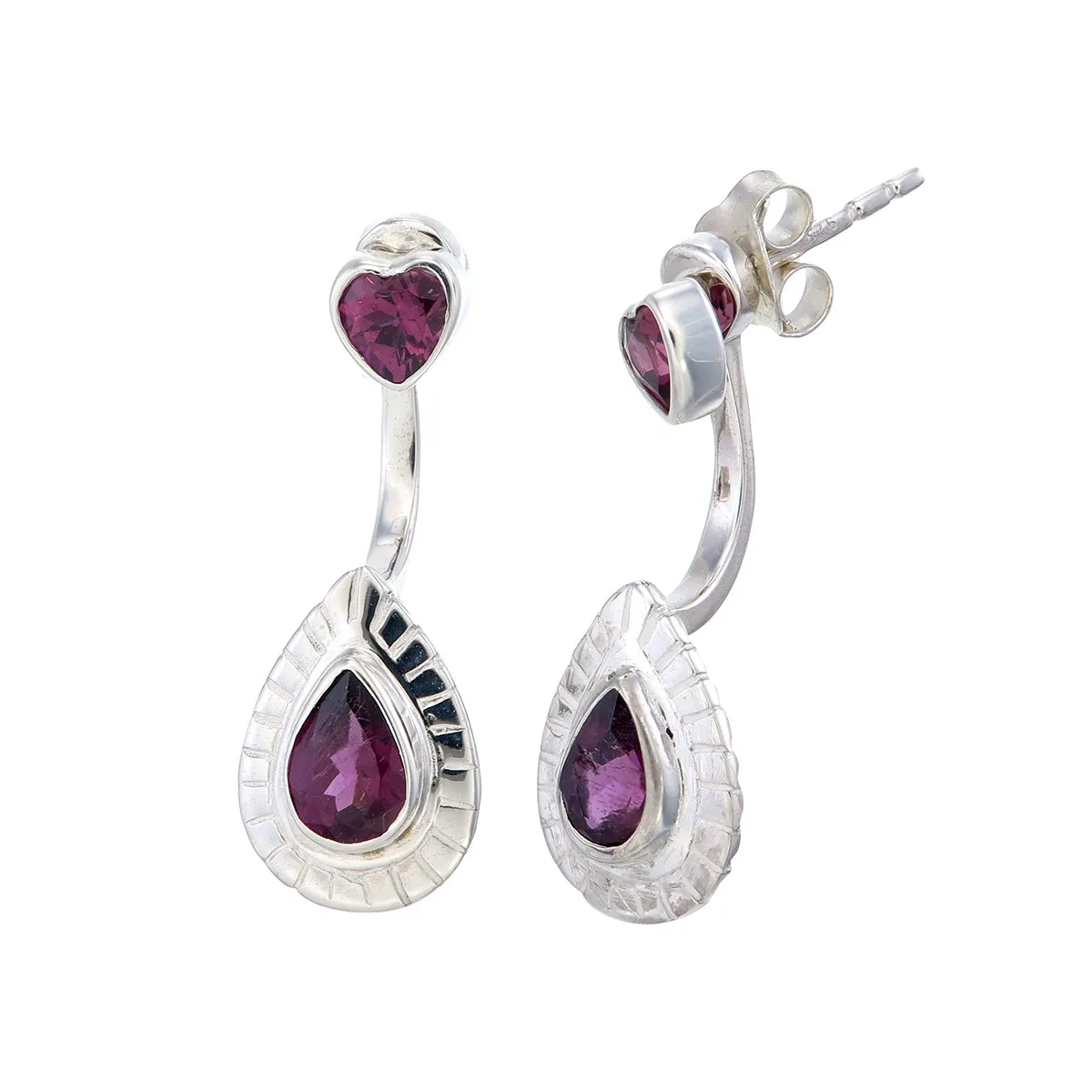 TEARDROP / HEART CLAW EARRINGS - GARNET- SILVER