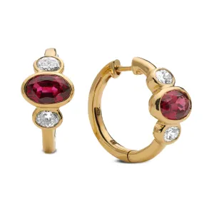 Three Stone Oval Ruby and Diamond Huggie Earrings