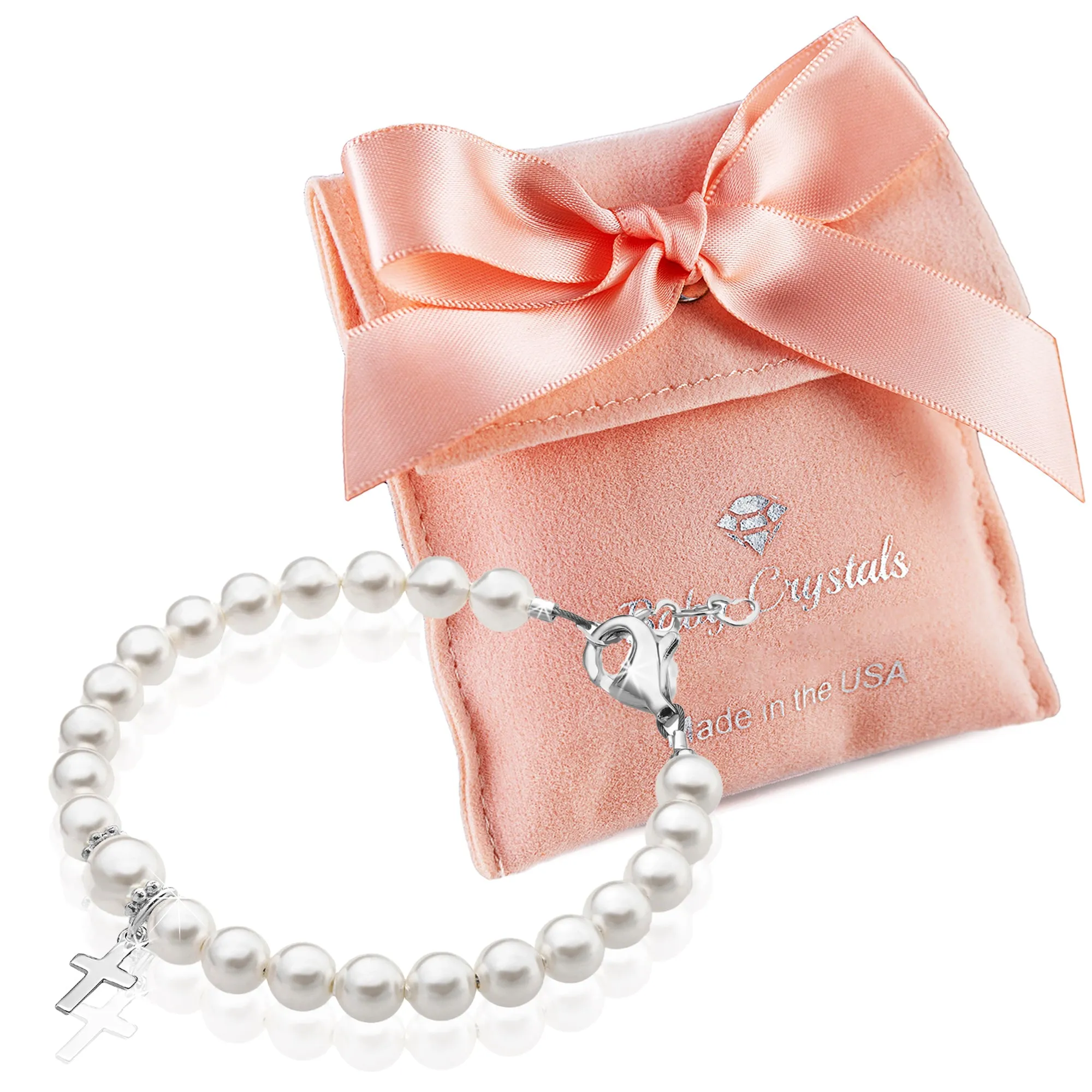 Toddler Baby White Pearl Bracelet Baptism & Christening Sterling Silver Cross Charm