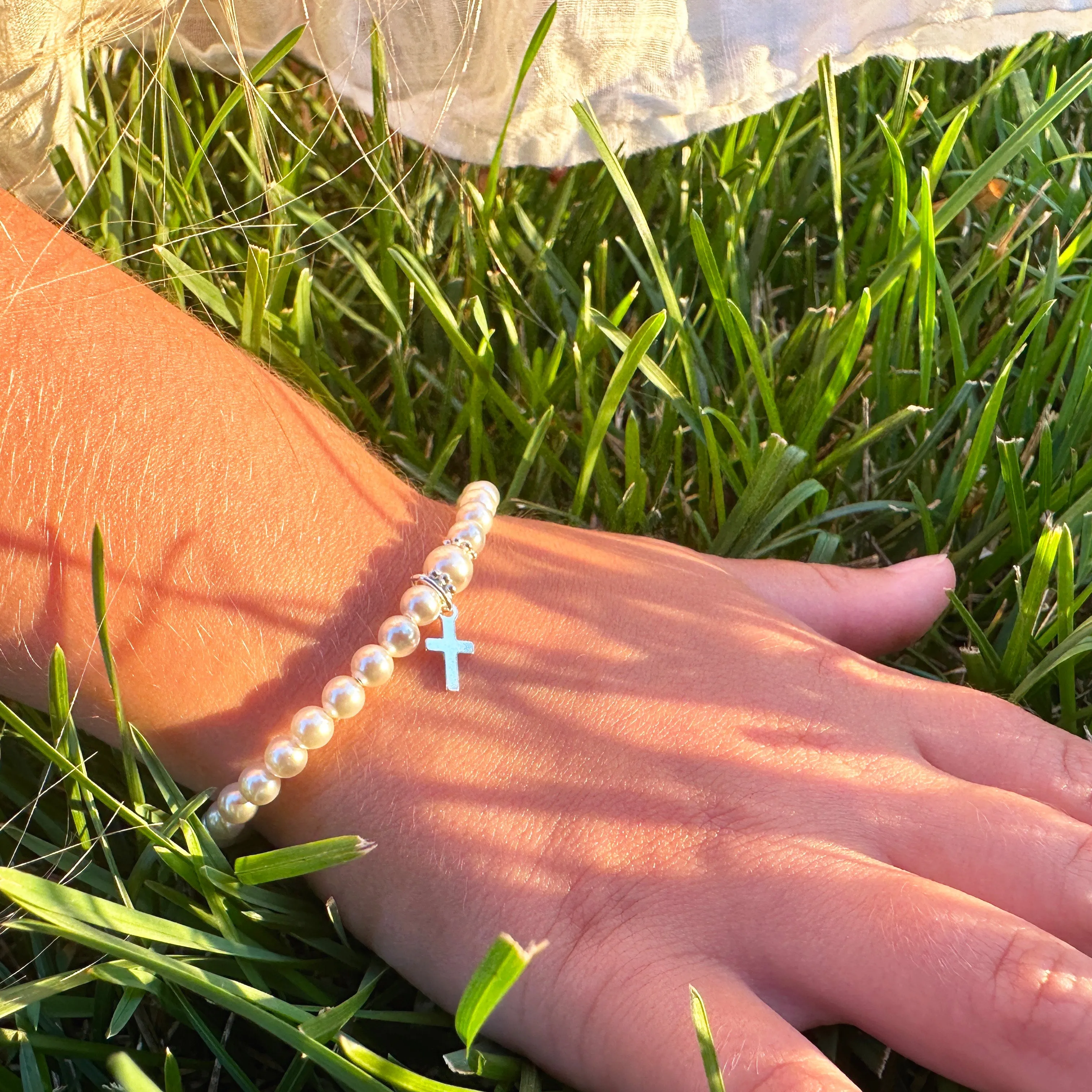 Toddler Baby White Pearl Bracelet Baptism & Christening Sterling Silver Cross Charm