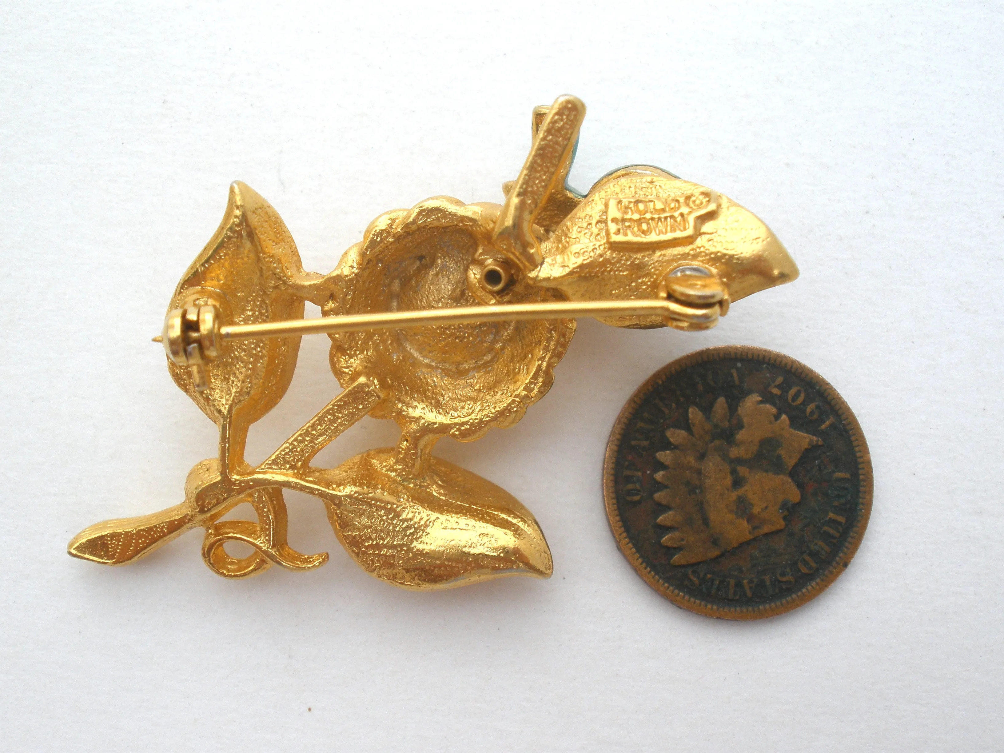 Trembler Bird & Nest Brooch Gold Crown Vintage