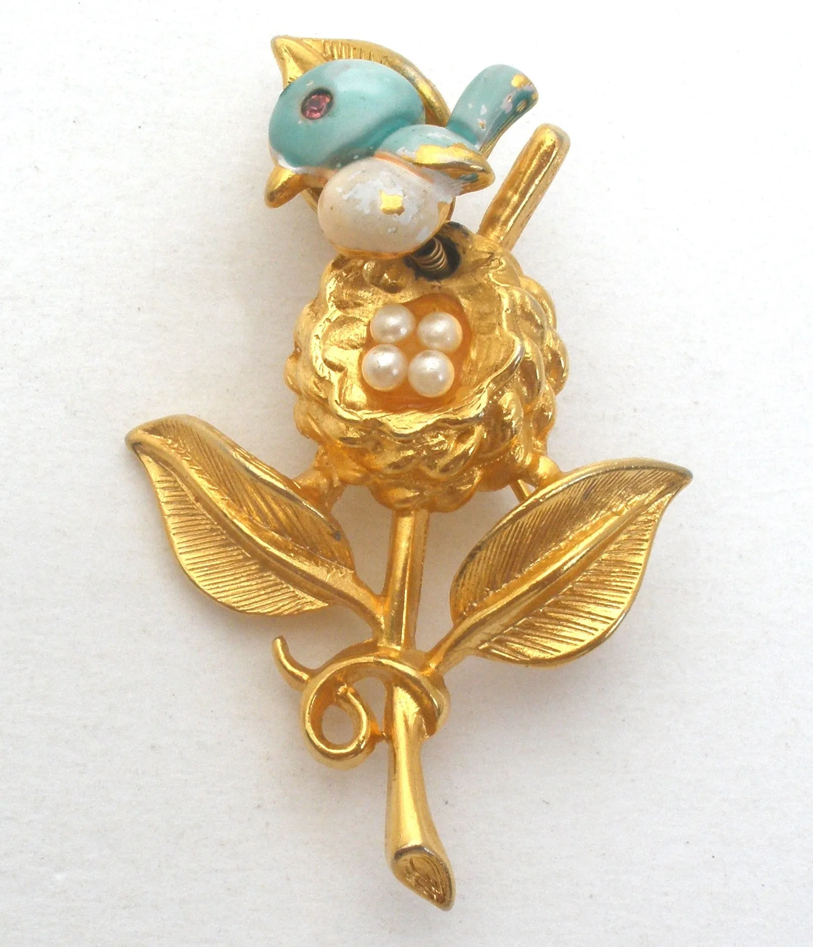 Trembler Bird & Nest Brooch Gold Crown Vintage