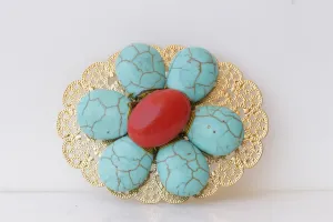 TURQUOISE And CORAL BROOCH