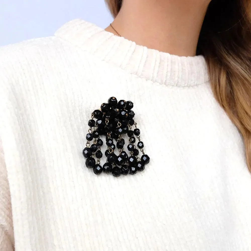 Vintage 1950s Cascade Beaded Black Brooch