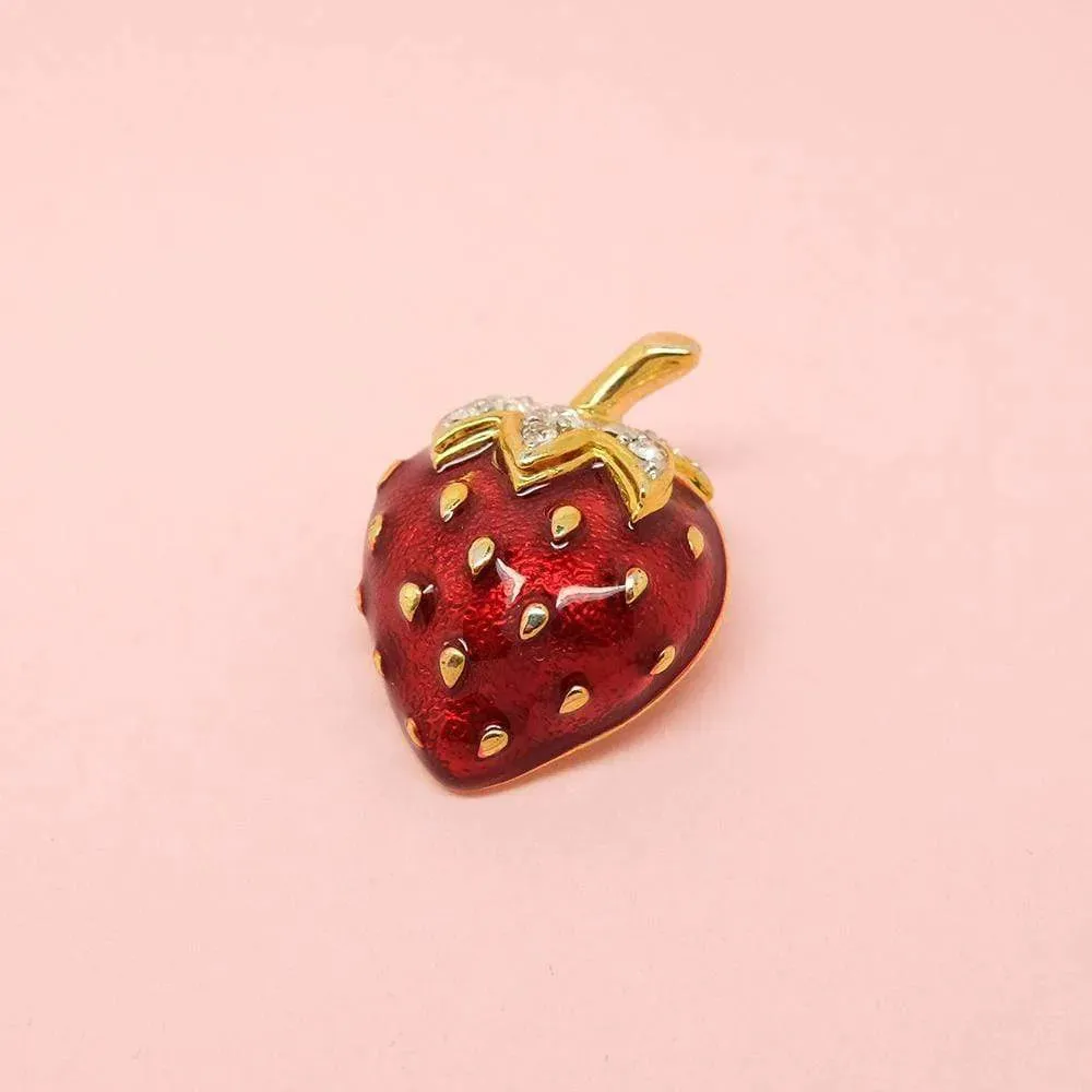 Vintage 1980s Enamel Diamante Strawberry Brooch