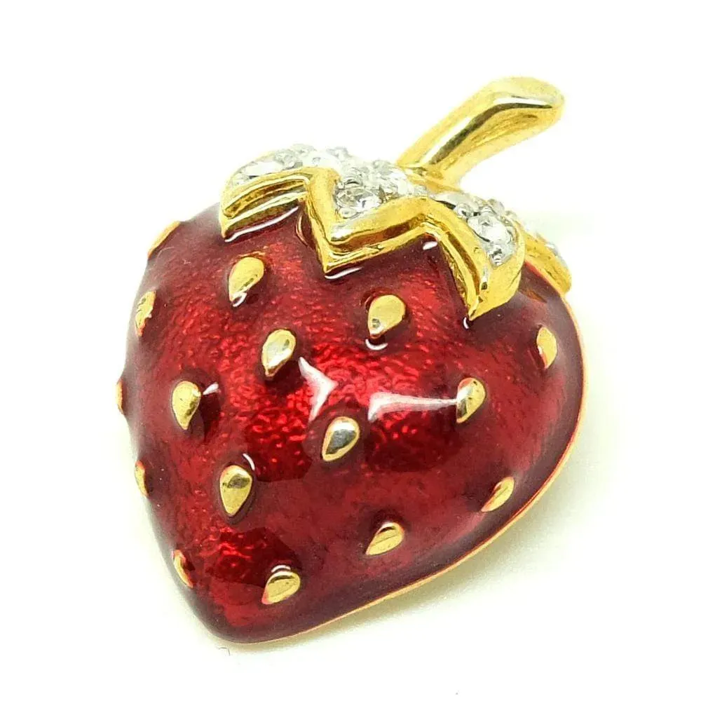 Vintage 1980s Enamel Diamante Strawberry Brooch