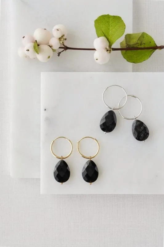 Xander Kostroma Gold Tone Black Obsidian Teardrop Chunky Hoop Earrings – 4cm Healing Crystal Jewelry for Protection & Clarity, Statement Earrings for Women