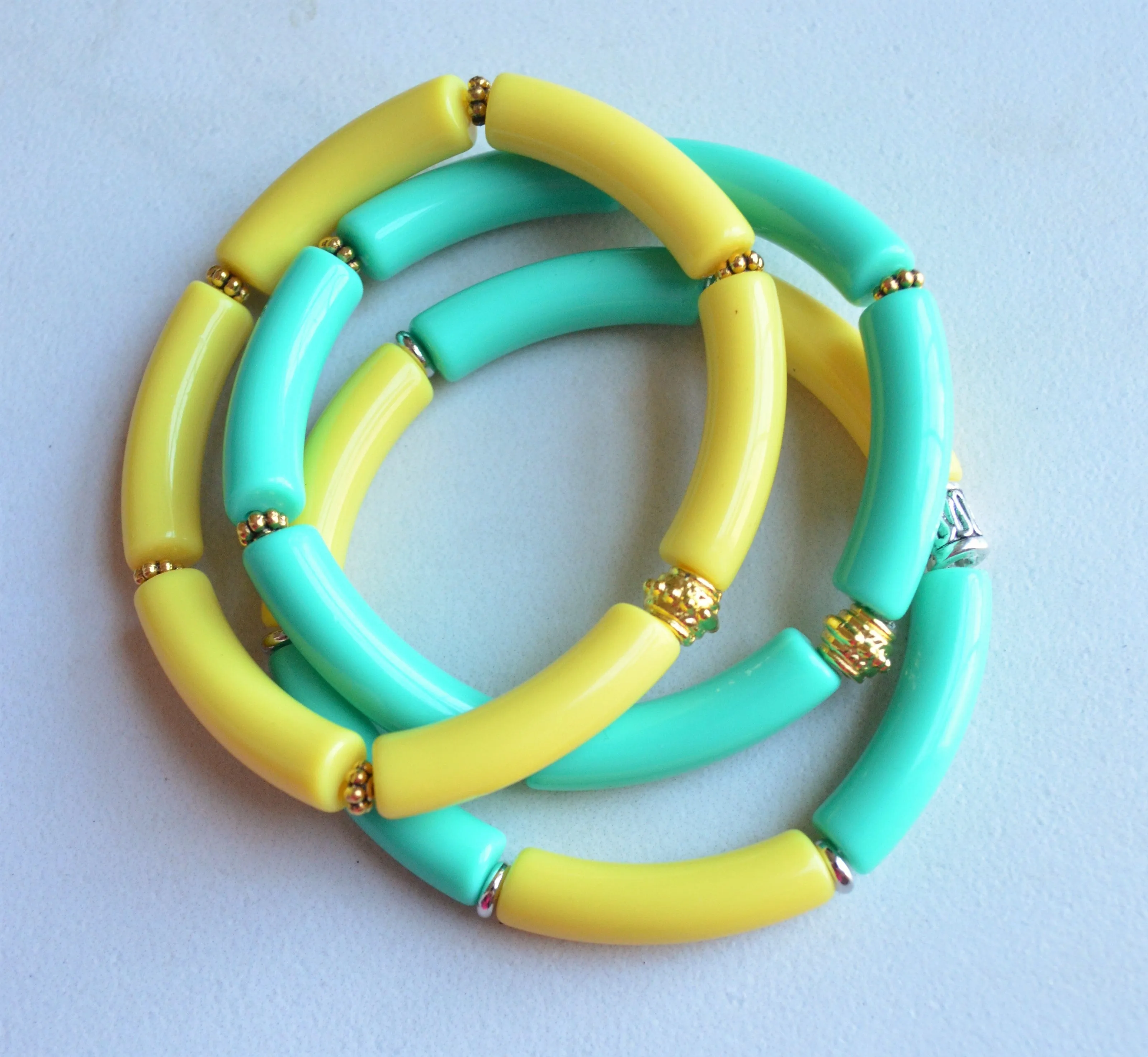 Yellow Green Turquoise Acrylic Lucite Tube Stretch Womens Bracelet