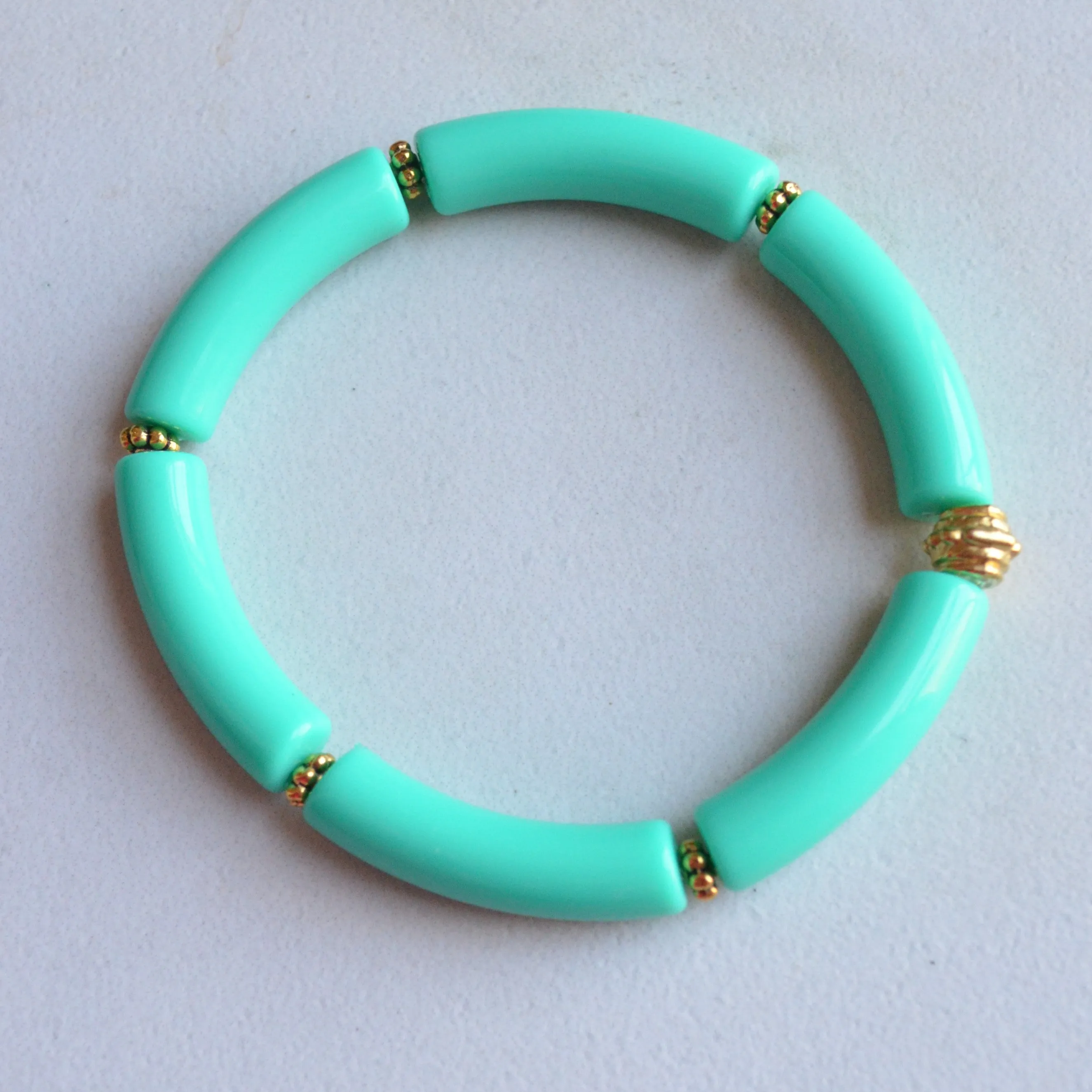 Yellow Green Turquoise Acrylic Lucite Tube Stretch Womens Bracelet